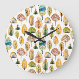 Watercolor autumn trees, seamless pattern. large clock