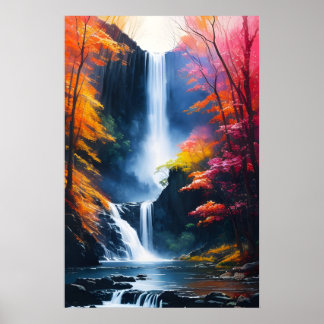 Watercolor autumn waterfall painting poster