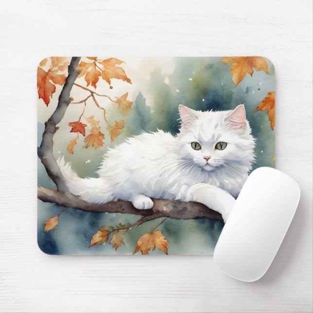 Watercolor Autumn White Cat  Mouse Pad (With Mouse)
