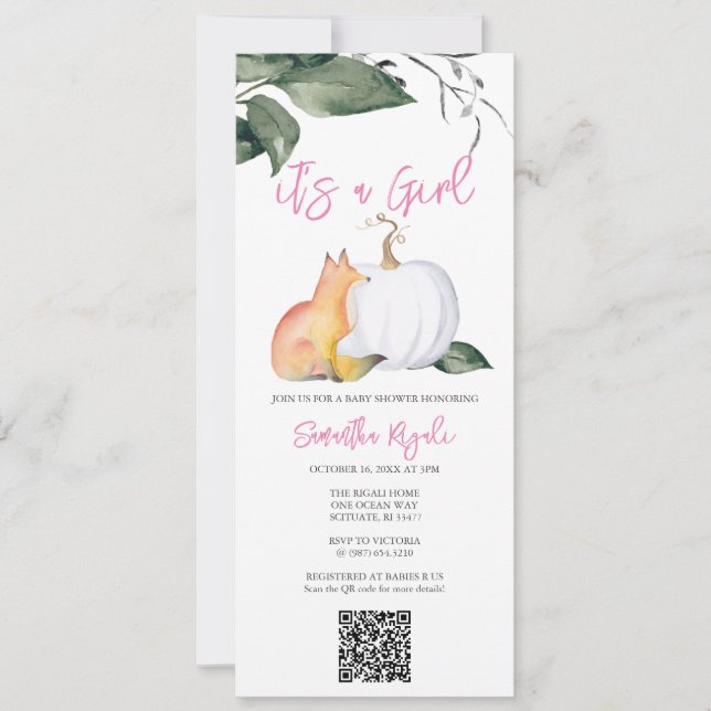 Watercolor Autumn Woodland Baby Girl Shower Invitation (Front)