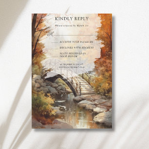 Watercolor Autumn Woodland Bridge Fall Wedding RSVP Card