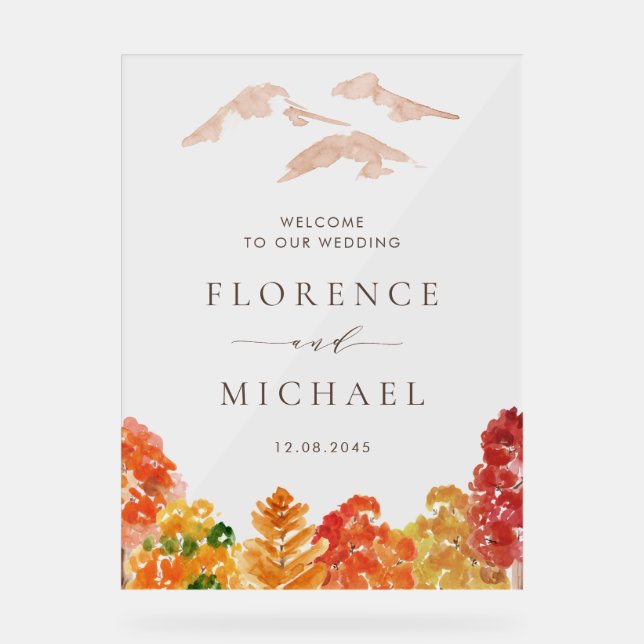 Watercolor Autumn Woodlands Fall Wedding Welcome Acrylic Sign (Front)