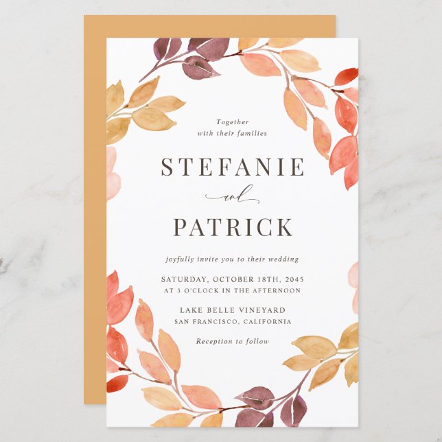 Watercolor Autumn Wreath Wedding Invitation (Front/Back)