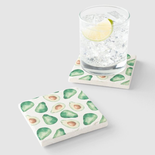 Watercolor Avocado Pattern Stone Coaster (Side)