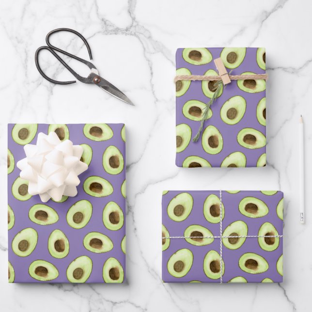 Watercolor Avocado Purple Wrapping Paper Sheet (Front)