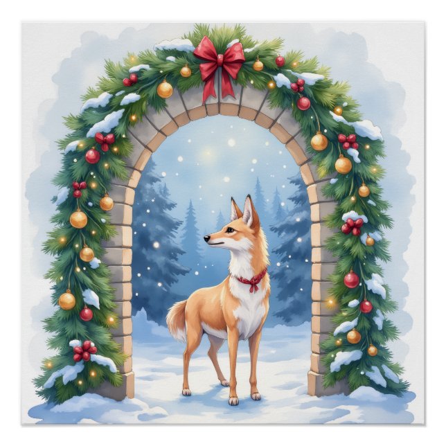 Watercolor Azawakh Snowy Stone Arch Christmas Poster (Front)