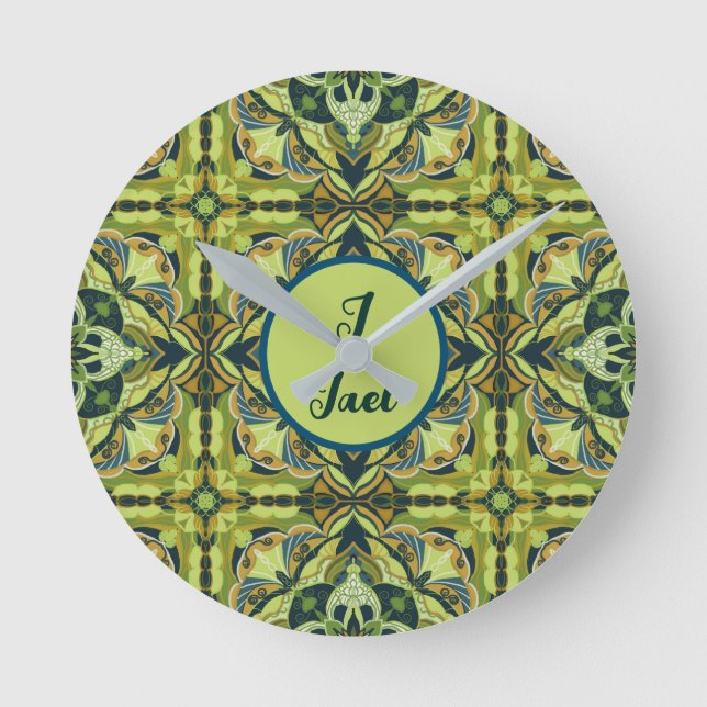 Watercolor Azulejo Green Spanish Personalised Round Clock (Front)