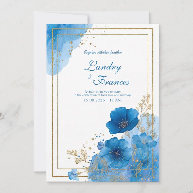 Watercolor Azure Blue Floral & Gold Frame Wedding  Invitation (Front)