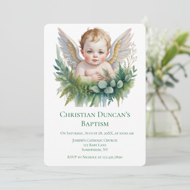Watercolor Baby Angel Feather Wings Baptism  Invitation (Standing Front)