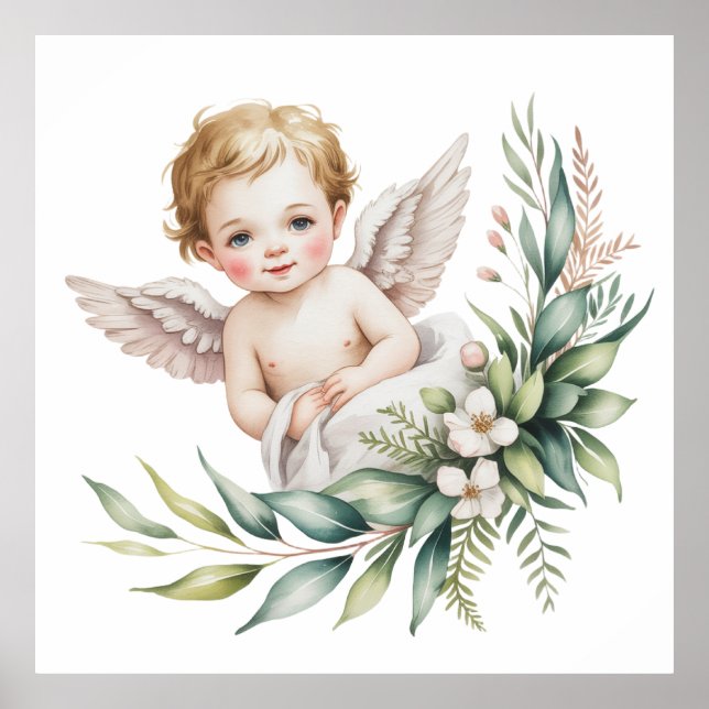 Watercolor Baby Angel Feather Wings Baptism  Poster (Front)