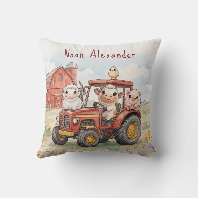 Watercolor Baby Animals Driving Red Tractor Farm Cushion (Back)
