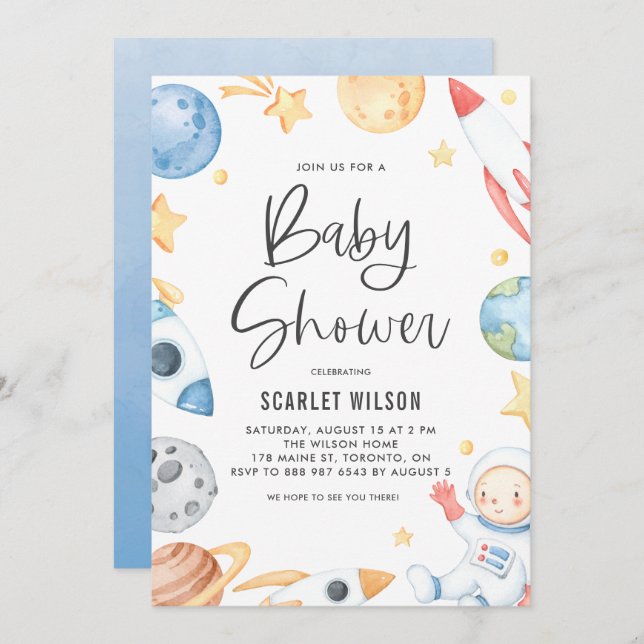 Watercolor Baby Astronaut Space Theme Baby Shower Invitation (Front/Back)