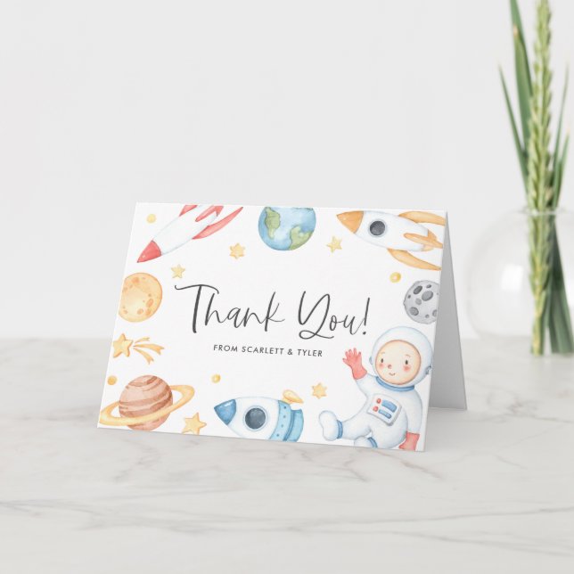 Watercolor Baby Astronaut Space Theme Birthday Thank You Card (Front)