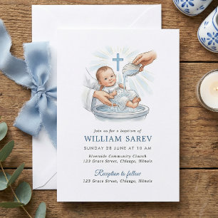 Watercolor Baby Baptism Blue Cross Christening  Invitation