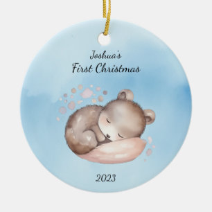 Watercolor Baby Bear First Christmas Personalized Ceramic Ornament