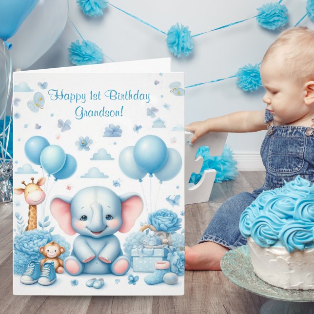Watercolor Baby Blue Elephant 1st Birthday Card (Family Keepsake: Watercolor Elephant 1st Birthday Card)
