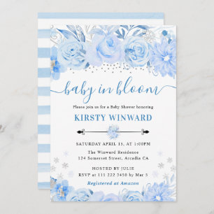 Watercolor Baby Blue Winter Flowers Baby Shower Invitation