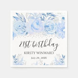 Watercolor Baby Blue Winter Flowers Birthday Napkin