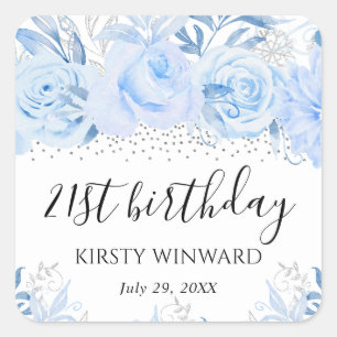 Watercolor Baby Blue Winter Flowers Birthday Square Sticker