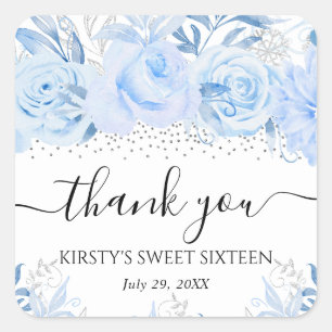 Watercolor Baby Blue Winter Flowers Sweet Sixteen Square Sticker