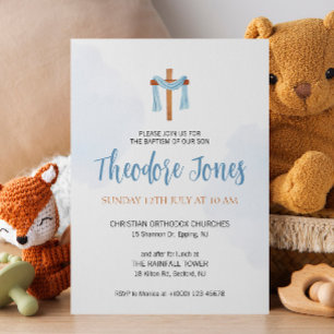 Watercolor Baby Boy Baptism Invitation Card