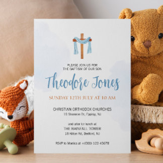 Watercolor Baby Boy Baptism Invitation Card