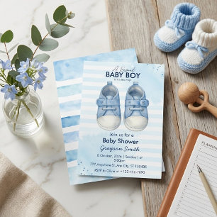 Watercolor Baby Boy Booties Blue Stripes Shower  Invitation