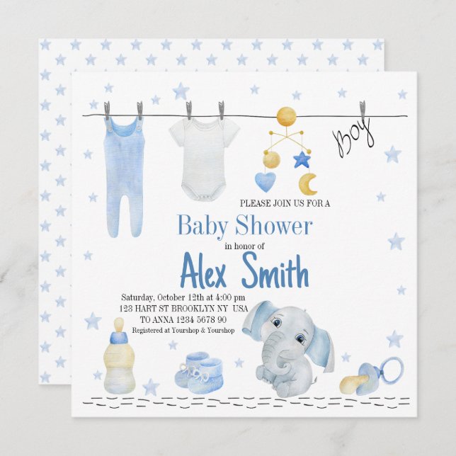 Watercolor baby boy invitation (Front/Back)