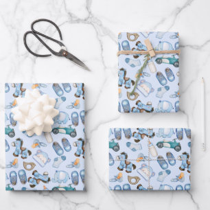 Watercolor Baby Boy Pattern with Toys Clothes Blue Wrapping Paper Sheet