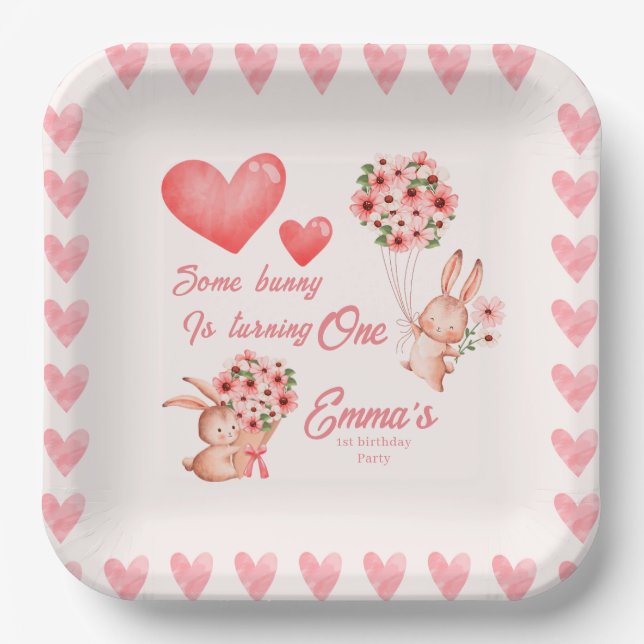 Watercolor baby Bunny first birthday party  Paper Plate (Front)