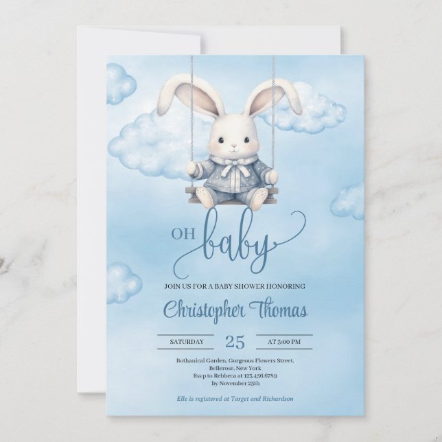 Watercolor baby bunny on swing in the sky invitation (Front)
