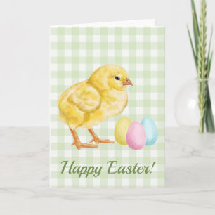 Watercolor Baby Chick And Eggs On Green Easter Card