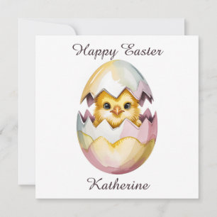 Watercolor Baby Chick Peeking from Cracked Egg Holiday Card