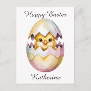 Watercolor Baby Chick Peeking from Cracked Egg Postcard
