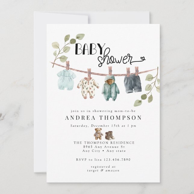 Watercolor Baby Clothes | Boho Boy Baby Shower Invitation (Front)