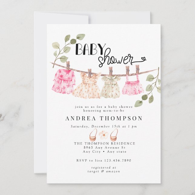 Watercolor Baby Clothes | Boho Girl Baby Shower  Invitation (Front)