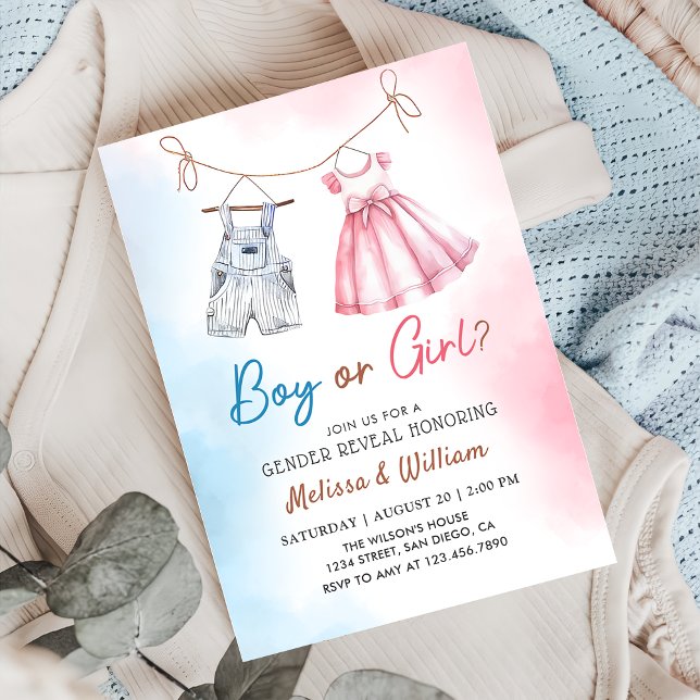Watercolor Baby Clothes Gender Reveal Invitation (Creator Uploaded)
