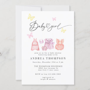 Watercolor Baby Clothes   Girl Baby Shower  Invitation
