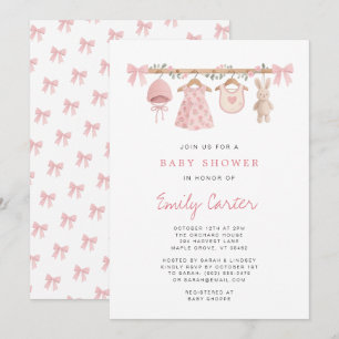 Watercolor Baby Clothes Pink Bow Baby Girl Shower Invitation