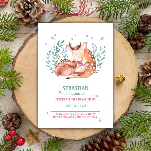 Watercolor Baby Deer Bembi and Mother 1st Birthday Invitation
