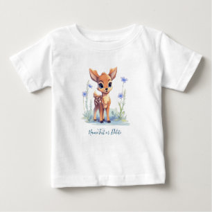 Watercolor Baby Deer Blue Flowers Baby T-Shirt