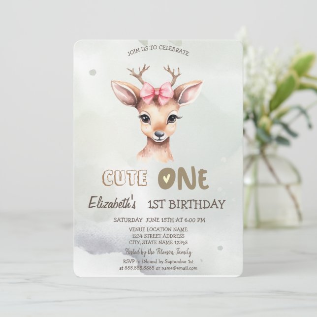 Watercolor Baby Deer Bow Green 1st  Invitation (Standing Front)