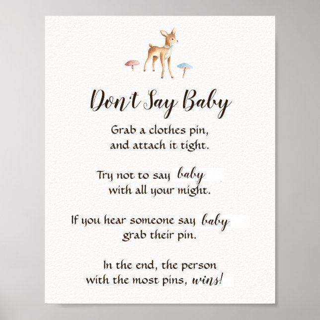 Watercolor Baby Deer "Don't Say Baby" Shower Game Poster (Front)