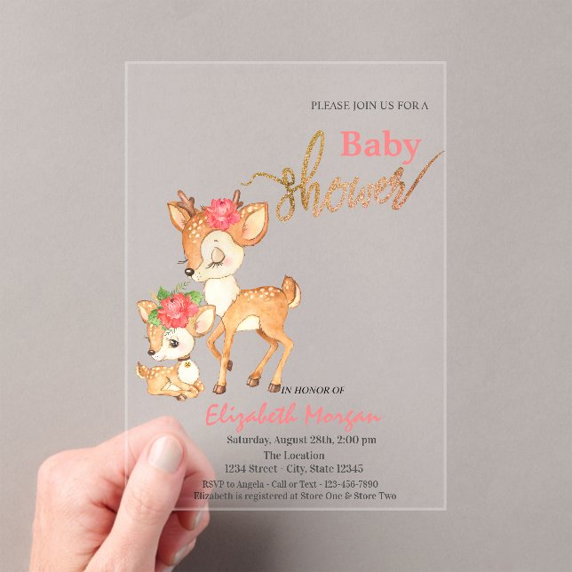 Watercolor Baby Deer Flowers Pink Baby Shower Acrylic Invitations (Insitu (Handheld))