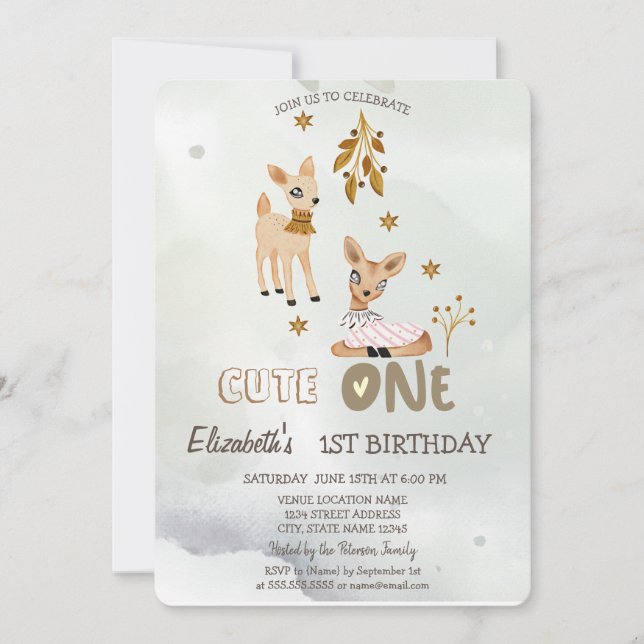 Watercolor Baby Deer Green 1st  Invitation (Front)