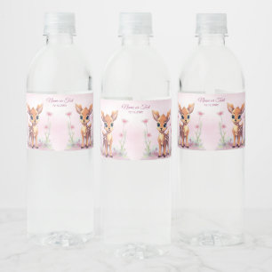 Watercolor Baby Deer Pink Flowers Water Bottle Label