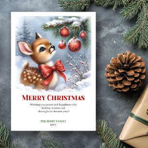 Watercolor Baby Deer Winter Scene Cozy Greeting  Holiday Card