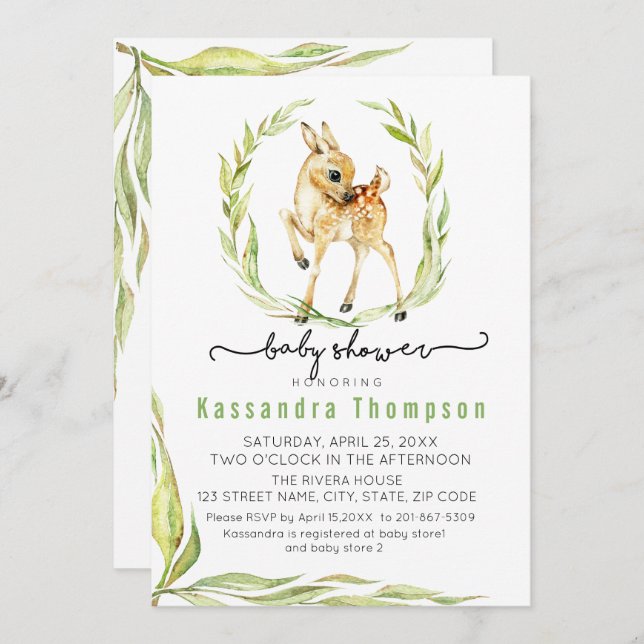 Watercolor Baby Deer With Greenery Baby Shower Invitation (Front/Back)