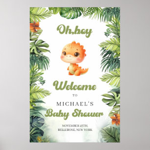 Watercolor baby dino retro groovy welcome poster