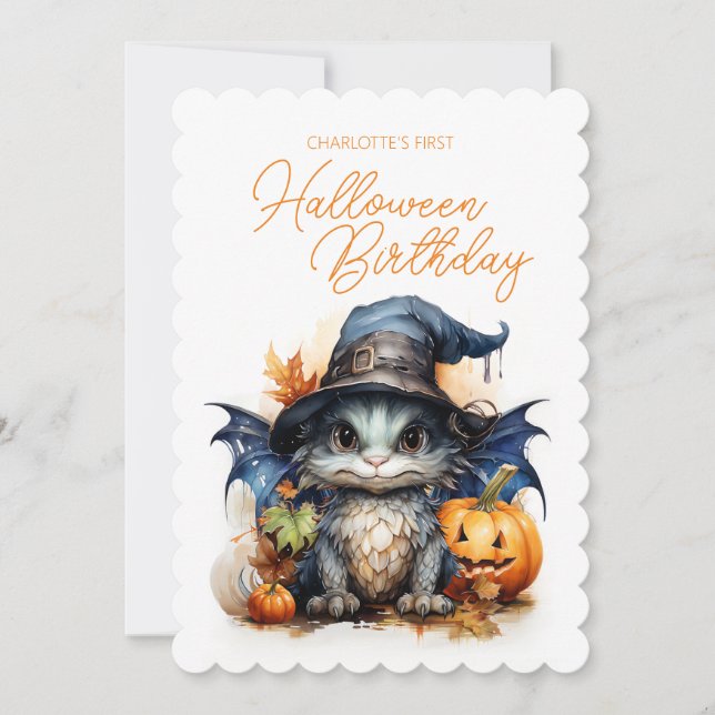Watercolor Baby Dragon Child's Halloween Birthday Invitation (Front)